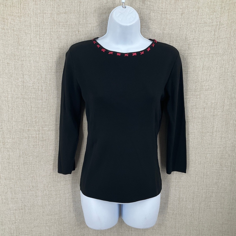 Finity Knit Top Women M Black Ribbed Pink Embroidered‎ Whimsigoth Feminine Y2K